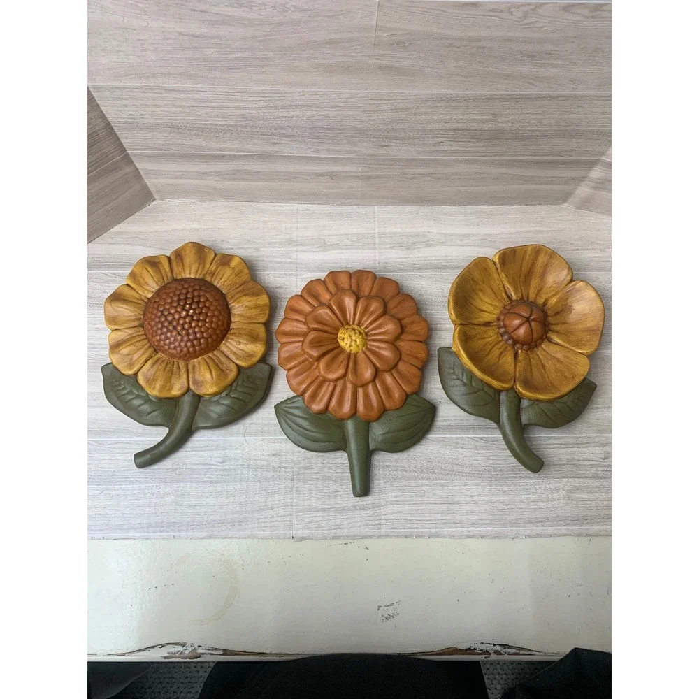 Vintage 70s Style Floral Wall Decor Set 3 Sunflower Zinnia Poppy Retro Flowers